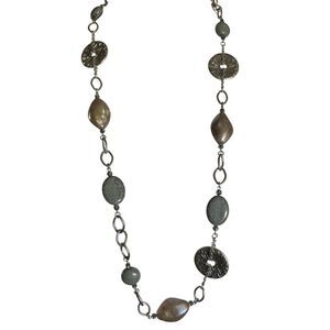 Artisan Mixed Stone Statement Necklace Gray‎ Brown Silver Boho Chic Long Chain